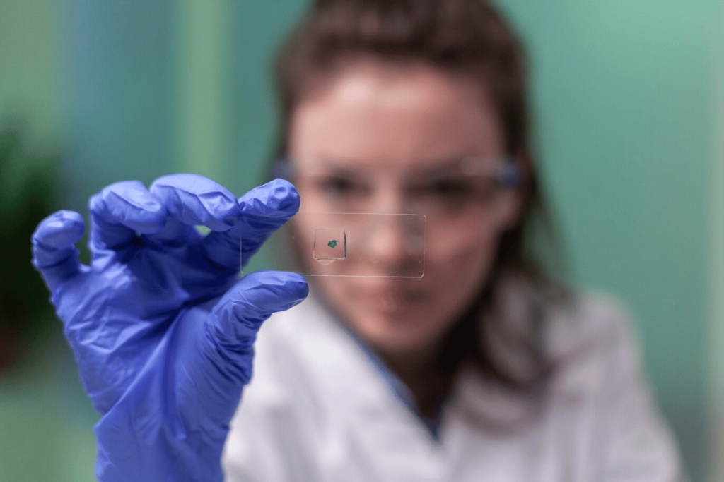 A person in a lab coat is holding up a piece of glass.