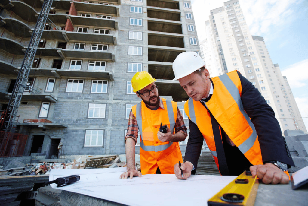 Two individuals in construction vests and hard hats looking at blueprints.