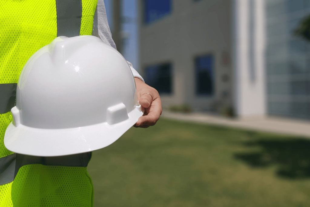 A person holding a hard hat in front of a building.