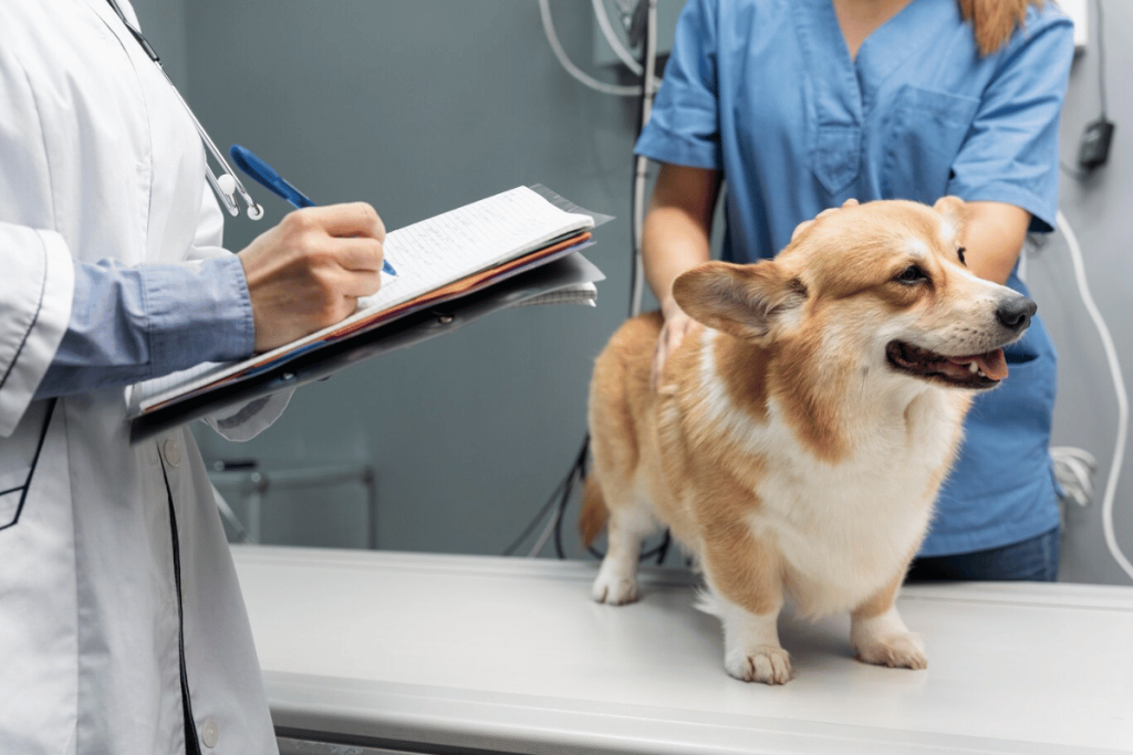A vet examining a dog on a table.