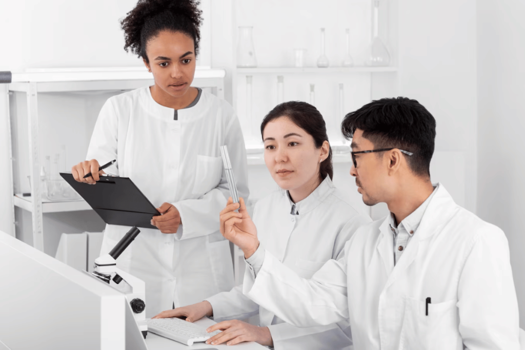 A group of people in lab coats looking at something on a computer.